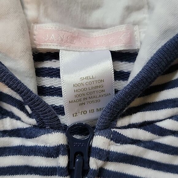 JANIE AND JACK NAVY BLUE & WHITE STRIPED SHORT- SLEEVE HOODIE, SIZE 12-18 MONTHS - Picture 6 of 7